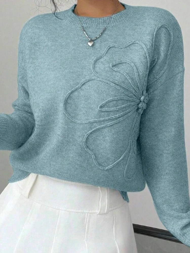 New in Slimming Pullover Effect Knitted Pure Color Floral Print Women's Sweater Spring Style Crew Neck Full Sleeve Fashionable C