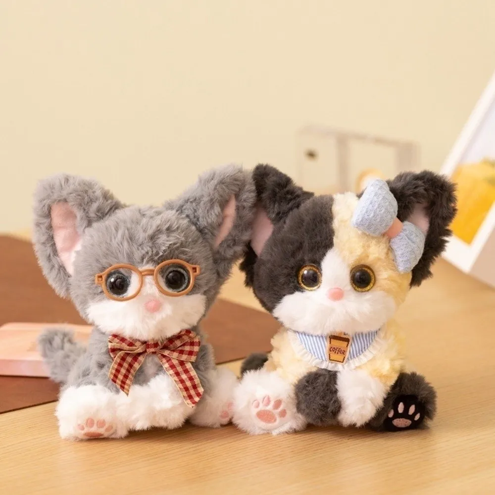 Soft Plush Plush Cat Keychain Big Ears Calico Pattern Sleeping Cat Charm Stuffed Bowknot Collar Curly Fleece Accessory