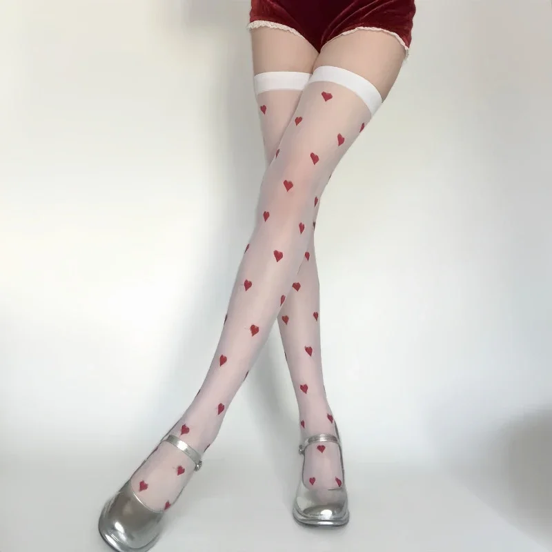 Cute Red Love Heart Printing Stockings For Girls Thin Silk Stockings Female Over Knee Socks For Garters Women Sweet Girl