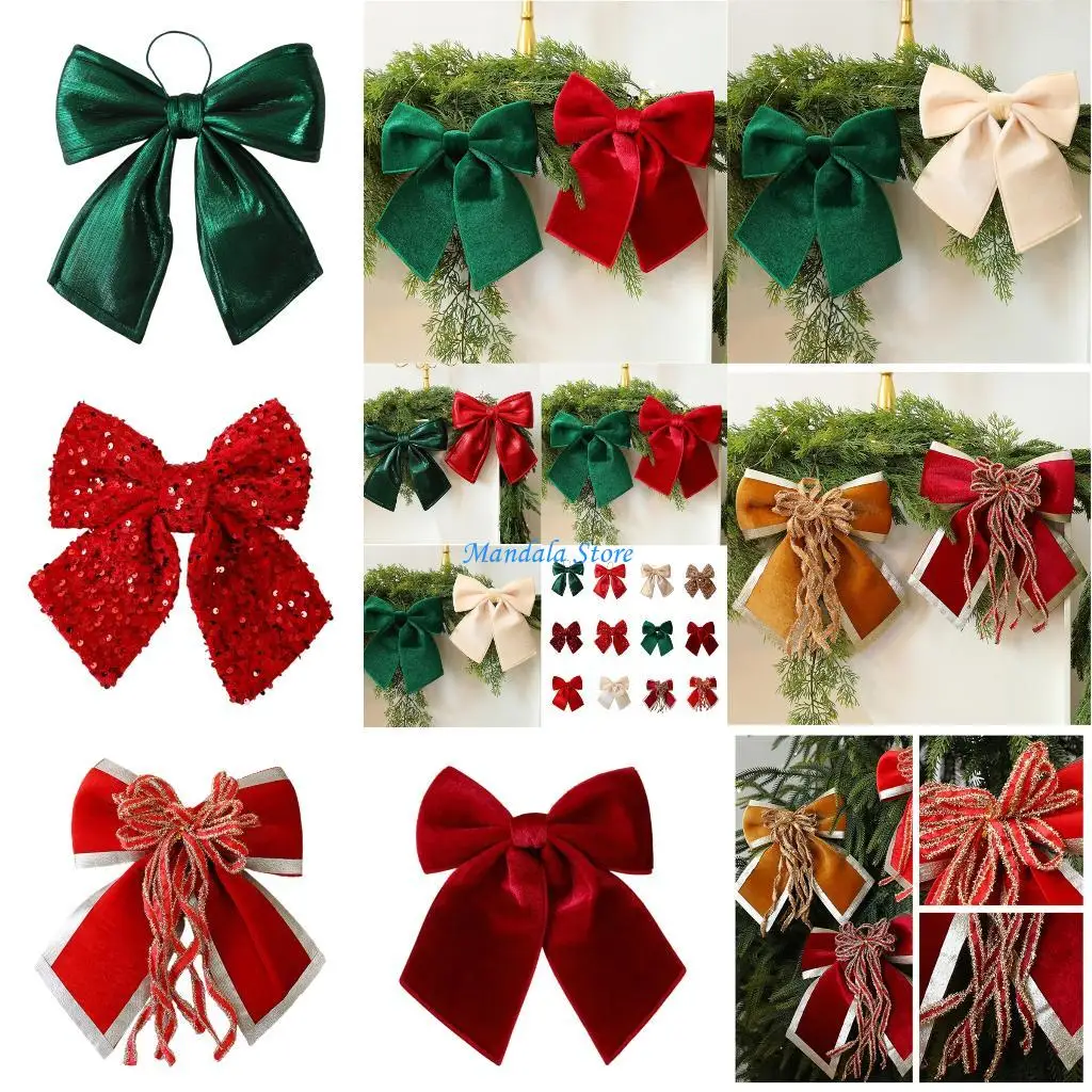 

U2JC Elegant Velvets Bows Ornament For Christmas Tree Home Decoration Easy to Hanging Bowknot Pendant for Window