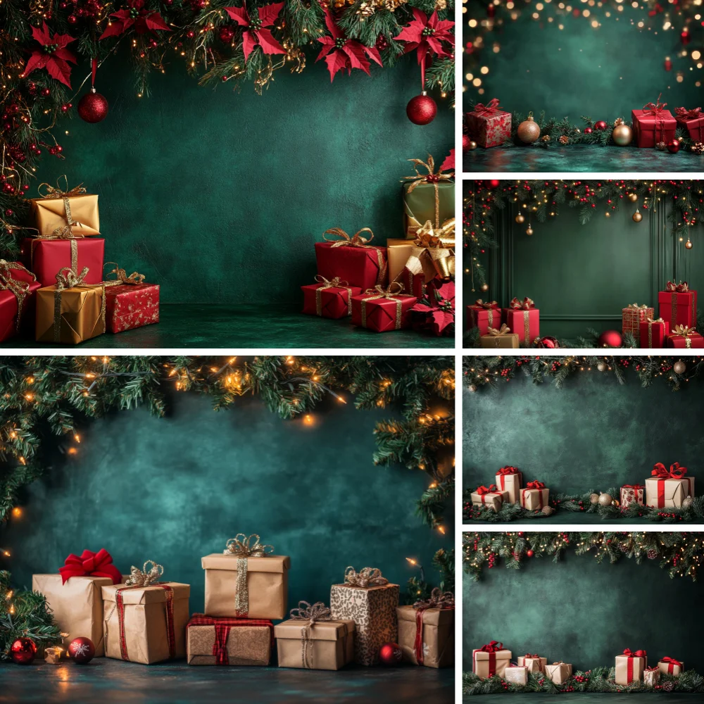 

Christmas Retro Green Wall Wreath Gifts Backdrop Photography Winter Xmas Tree Family Party Christmas Decor Background