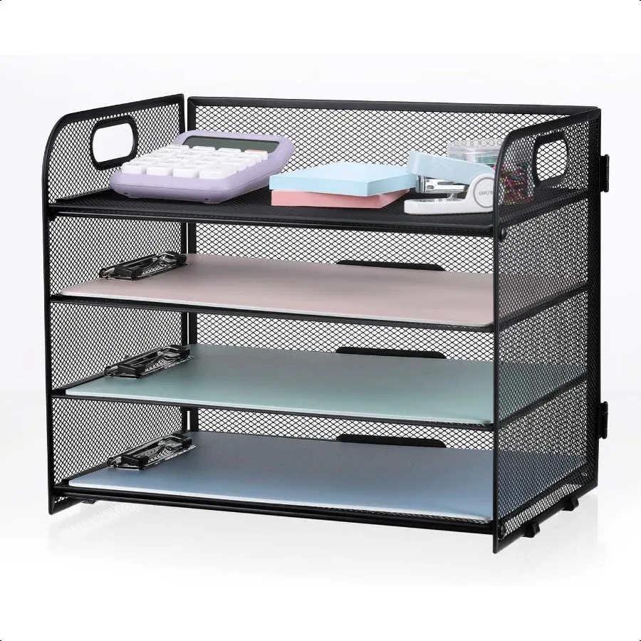 

4Tier Mesh Letter Tray Paper Organizer Desk File Organizer with Handle Black