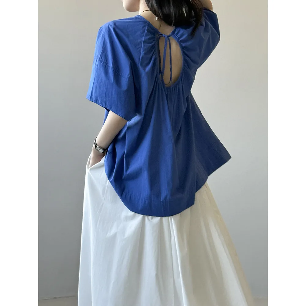 

Summer blouse loose casual lace-up halter design round neck short sleeves