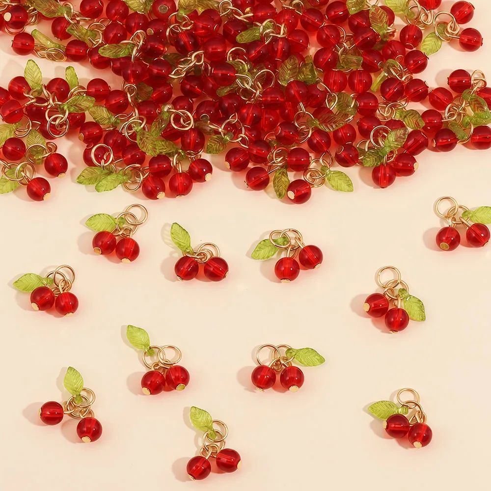 10Pcs Cute Glass 3D Red Cherry Acrylic Charms Green Leaf Fruit Pendants for DIY Earrings Necklaces Jewelry Making Accessories
