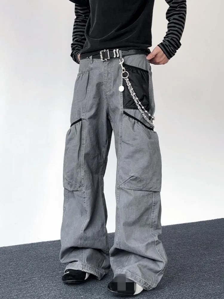 Hip Hop Vintage Mens Casual Pants American Style Streetwear Spliced Multi Pocket Cargo Pants Loose Fit Men Wide Leg Trousers