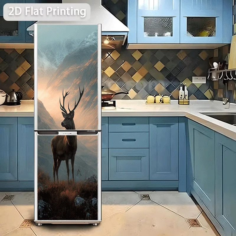 Refrigerator Sticker, Refrigerator and Dishwasher Sticker, Misty Mountain Morning Deer, Forest Valley Morning Light, Mountain