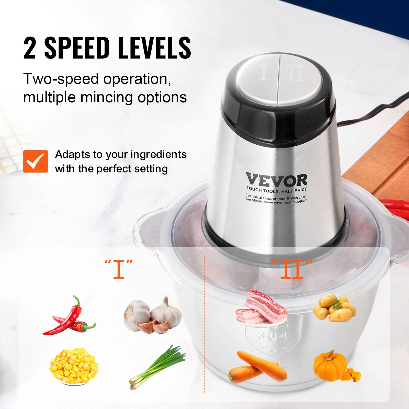 VEVOR Picadora Eléctrica Multifuncional Picadora de Carne 400W con Bol de Acero Inoxidable 2L 8 Tazas Hoja de Acero Inoxidable con 4 Aletas 2 Velocidades para Frutas Verduras Cebolla Comida para Bebés