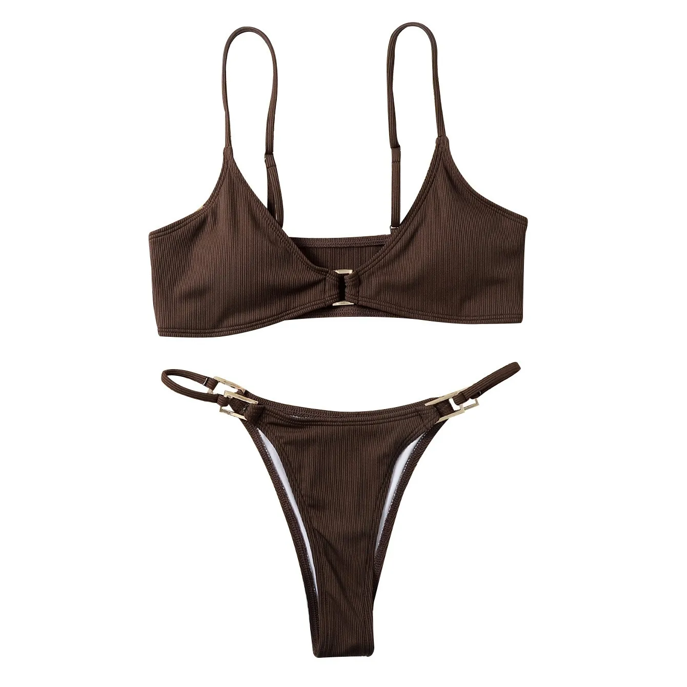 Sexy Outfit Bikini Strappy Bralette Black Bikinis High Cut Bottom White Swimwear Polyester Blend Sleeveless Two Piece Swimsuit view 2