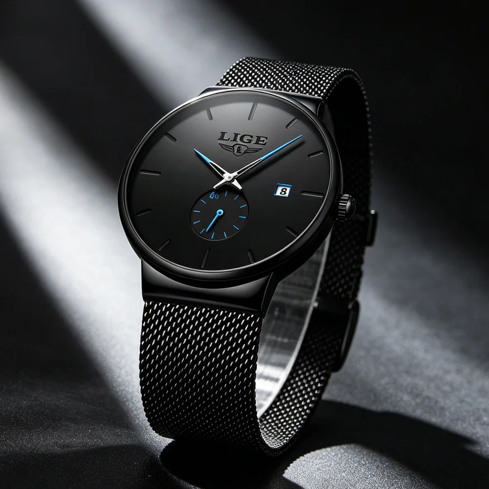 LIGE Mens Watches Fashion Auto Date Timing Small Dial Original Quartz Movement Stainless Steel Casual Sports Men Watchws