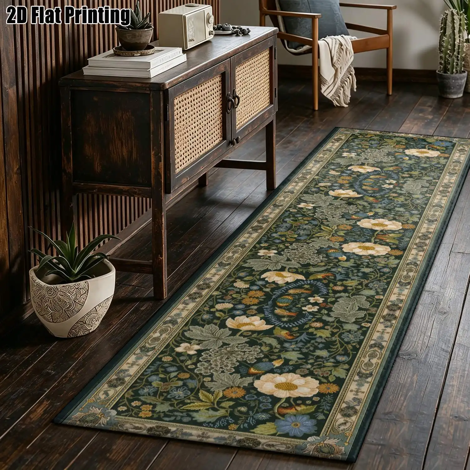 1Pc 2D Printed Long Strip Runner Rug: Retro Blue Floral, European, Bohemian, Geometric, Simple Styles Multi-Size, Machine Washable, Ideal for Entryway, Hallway, Living Room, Bedroom Home Decor.