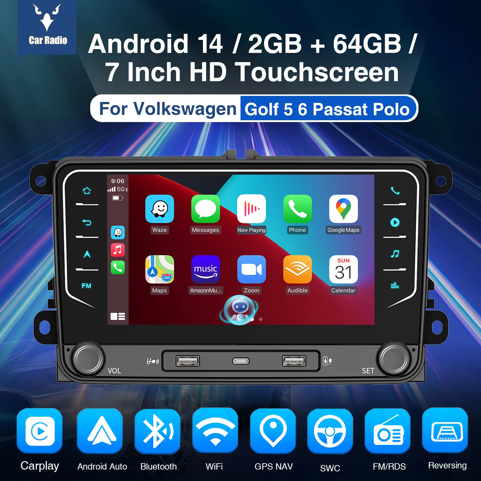 7 "rádio estéreo do carro 4 + 64gb para volkswagen jetta golf 5/6 passat b6/b7 3c polo caddy carplay android 14 wifi gps bt + dab & dvr & ahd