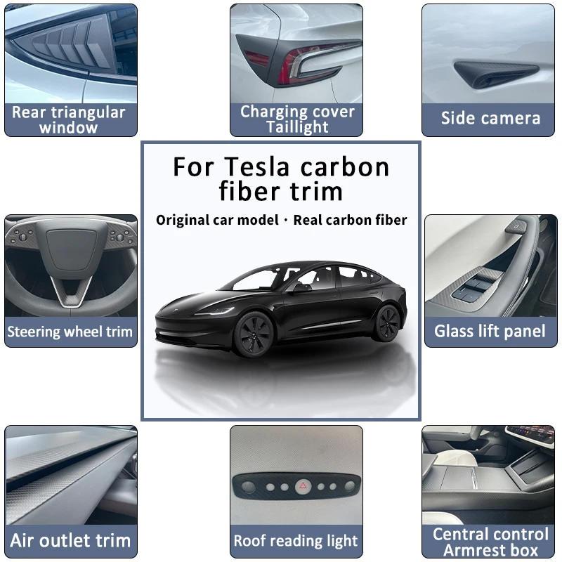 

For Tesla Highland Model 3 2024 Car Real Carbon Fiber Rear Taillight Decoration Switch Trim Suit Kit Car Accessories