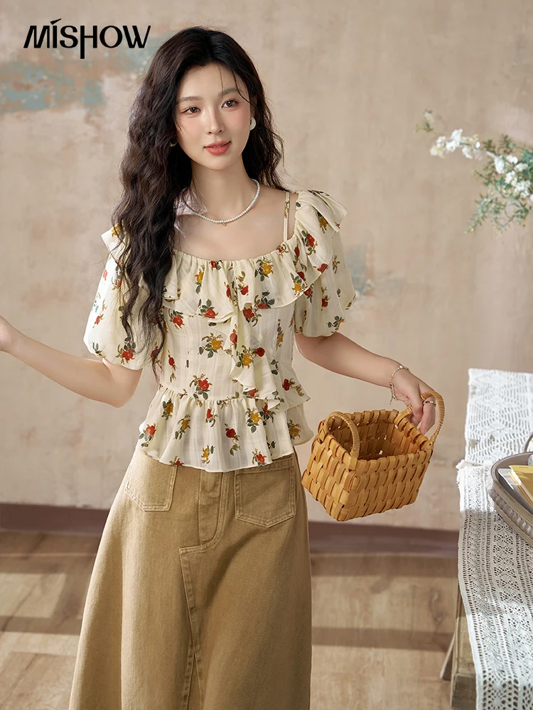 

MISHOW One Shoulder Lotus Leaf Edge Top 2024 Summer Retro Floral Back Cuffs Elastic Blouse Adjustable Shoulder Straps MXD25X1501