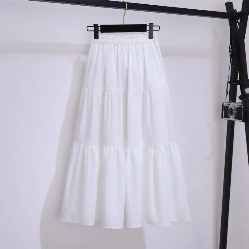 Versatile Elastic Waist Mid Length Cake Skirt Spring/Summer New Big Swing A-line Skirt High Waist Hundred Pleats Half Skirt