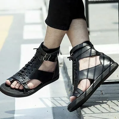 Sommer-Herrensandalen mit Schnürung und Schnalle aus PU-Leder, Römische Sandalen, Schwarz, Atmungsaktiv, für Strand und Outdoor, Lässige Weiße Zehentrenner-Schuhe, Neu 2026 – Detail 2