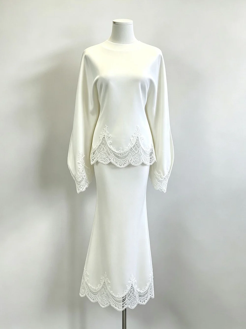 Modphy White Temperament Dress Two-Piece Set 2026 Autumn New Women'S Cape Top Long Skirt Lace Set Suit