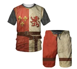 2024 New Heraldic Lion T Shirts+Shorts 2PCS Outfits 3D Printed Men's Shorts Sets Fashion Oversized Knight Armor Cosplay Clothing