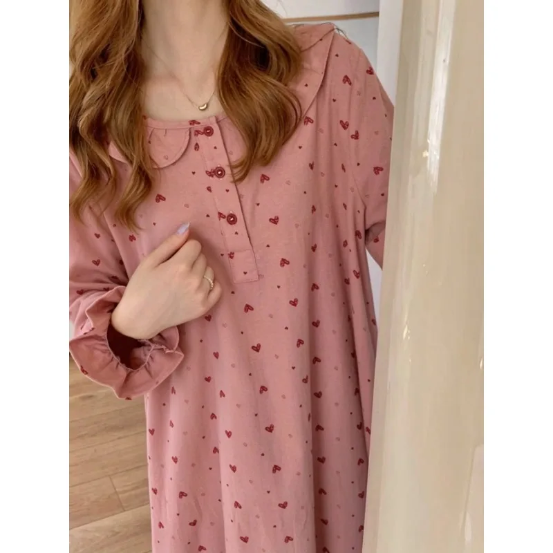 Women Nightgown Heart Print Half Button Long Sleeve Ruffle Cuff Soft Sleep Dress Koran Style Autumn Winter New Soft Sleepshirts