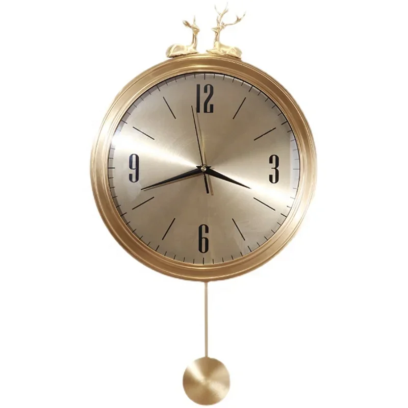 European Style Light Luxury Pure Copper Deer Head Wall Clock Retro Creative Silent Modern Pendulum Quartz Luxury Wall Clock