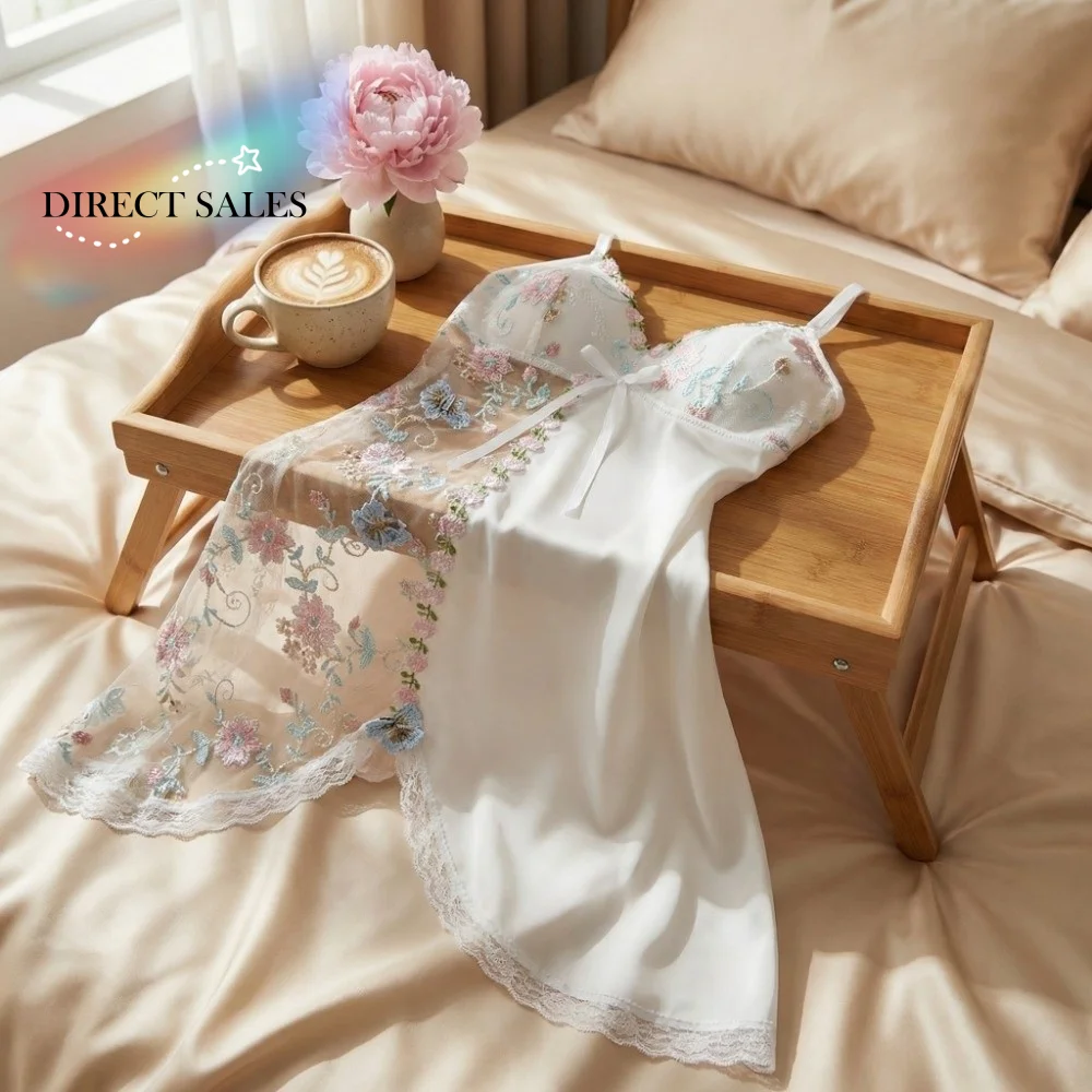 

Thin Lace Bow Women's Pajama Dress Flowers Butterfly Embroidered Ice Silk Suspender Nightdress Sleeveless Split