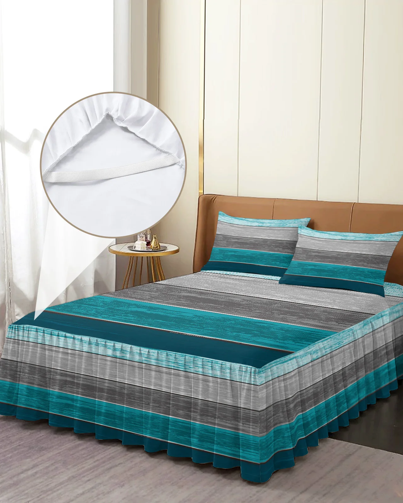 Vintage Wood Grain Blue Gray Gradient Bed Skirt Elastic Fitted Bedspread With Pillowcases Mattress Cover Bedding Set Bed Sheet