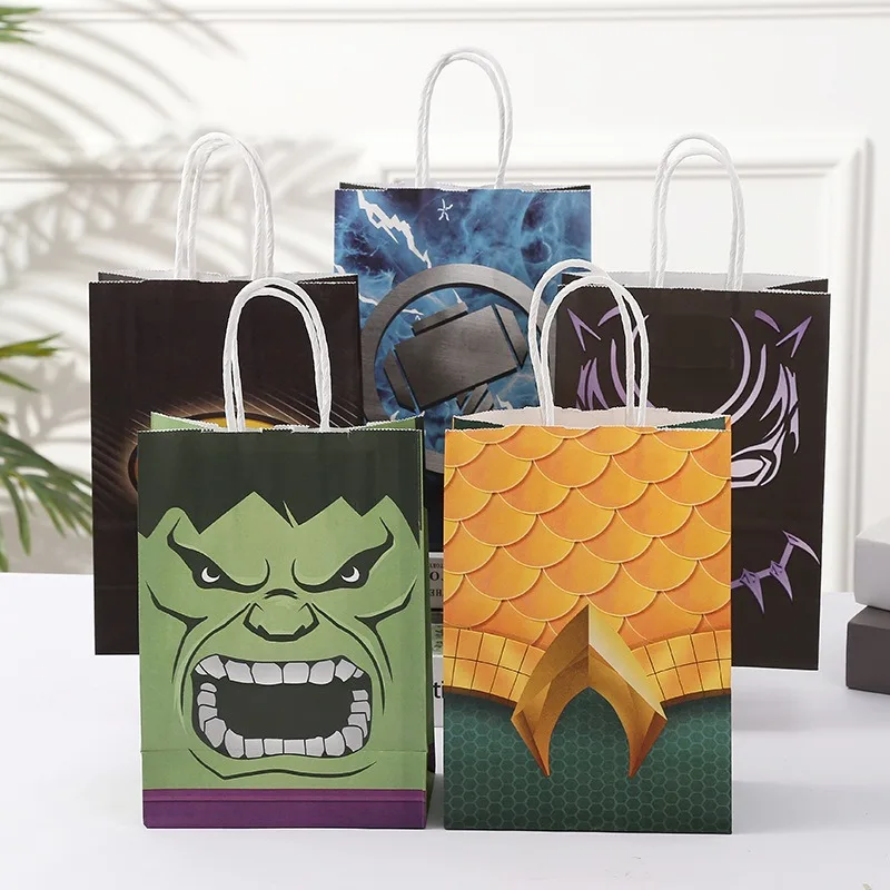 12pcs Disney Birthday Gift Bags For Boys Hulk Iron Man Spiderman Party Supplies Favors Kids Large Kraft Paper Bag Handle