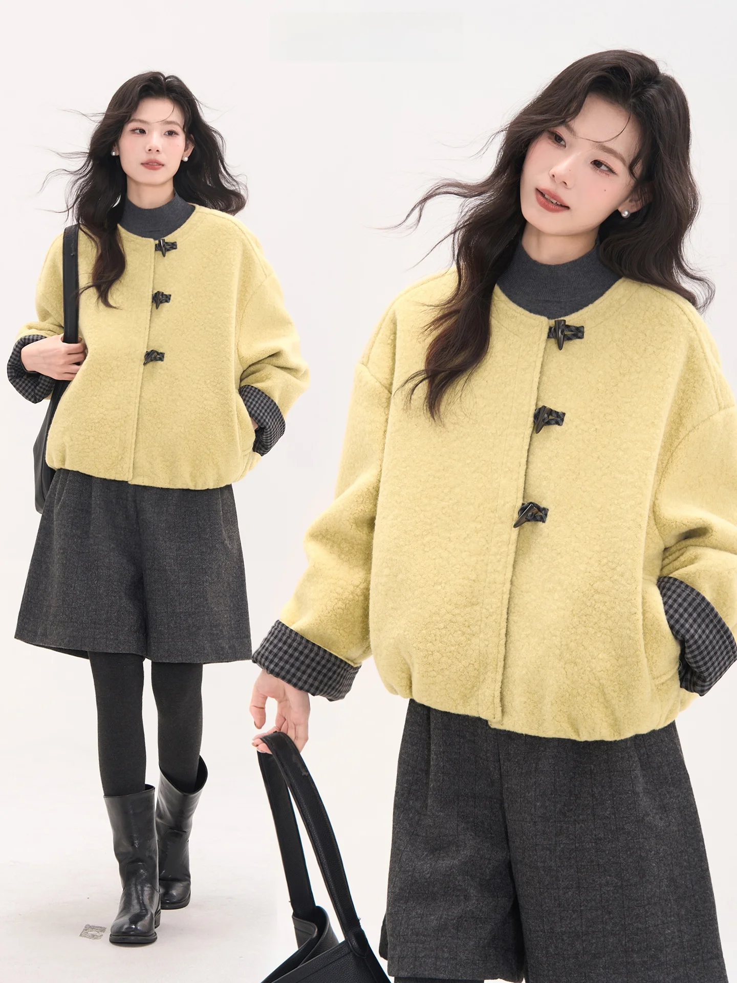 

Heme Academy Princ Plaid Design Woolen Coat Button Cotton Top Women's Outerwear Thiened Winter Faion Chinese Brand