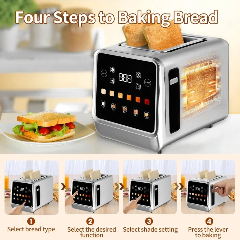 2 Slice with LCD Display Stainless Steel Digital Timer Toaster 6 Bread Types With Bagel Cancel,Defrost Functions