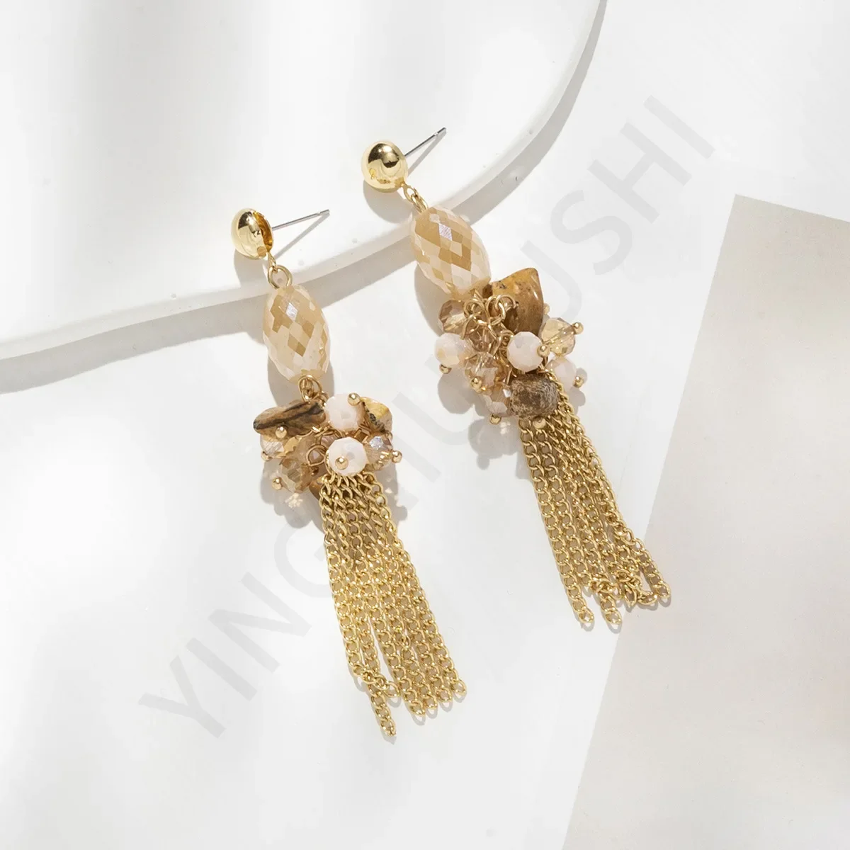 Retro Exquisite Tassel Long Earrings for Women Khaki Crystal Decorative Jewelry Gift