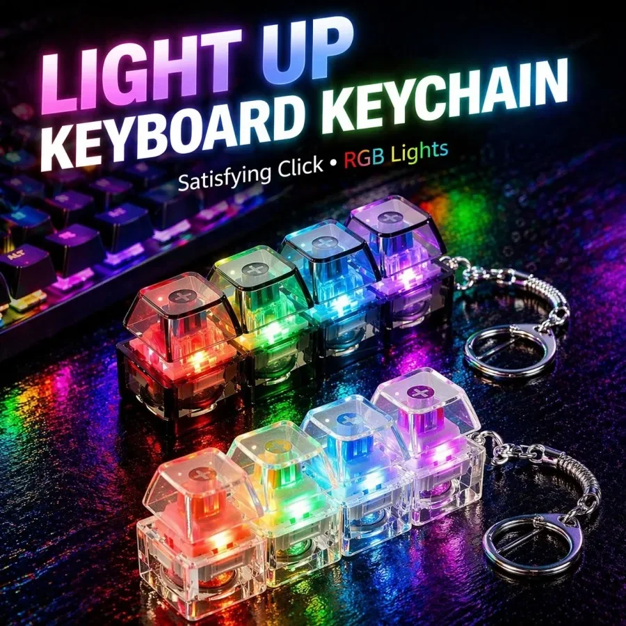 Light Up Keyboard Keychain, Stress Relief Clickable LED Button Clicker Toy for People with Anxiety Office Desk Accessory