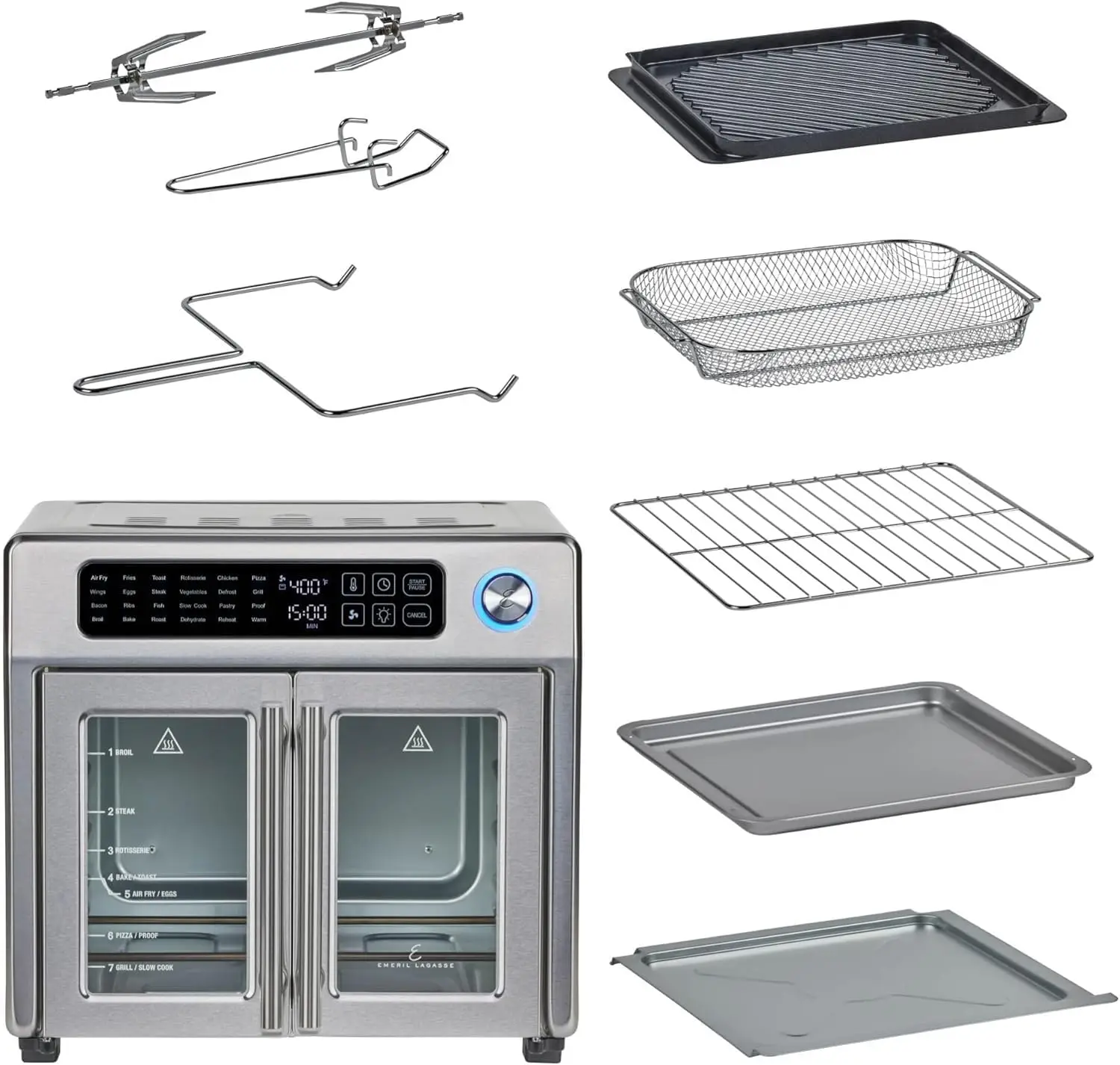 مجموعة فرن محمصة المقلاة الهوائية ذات الباب الفرنسي الكبير جدًا من Emeril Lagasse، 24 وظيفة للطهي والتحكم الرقمي، 7 ملحقات داخلية