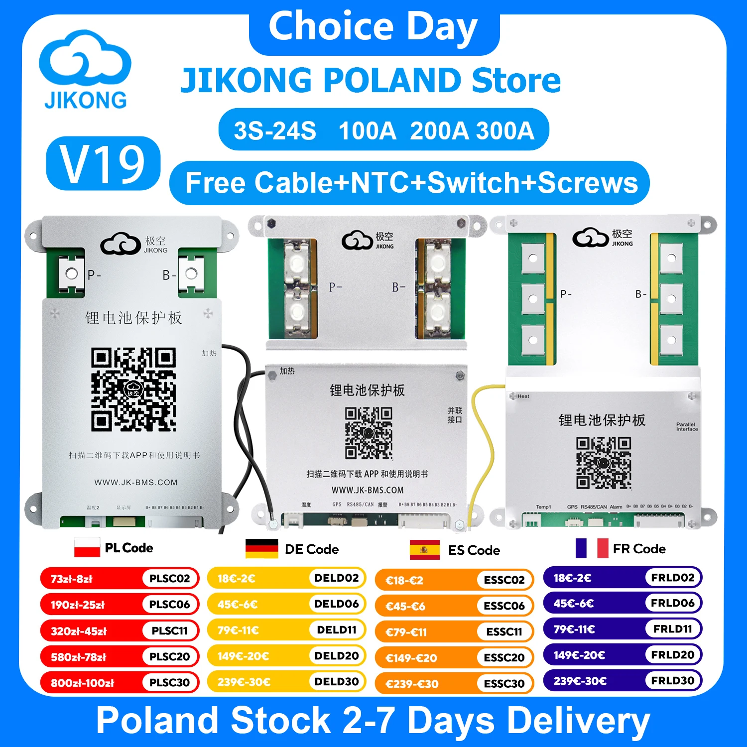 JIKONG V19 JK BMS 3S 4S-8S Heat CAN RS485 BT 0.4A ~ 2A Bilanciatore attivo di corrente per batteria Li-ion LiFePo4 Lto BMS 100A 200A 300A