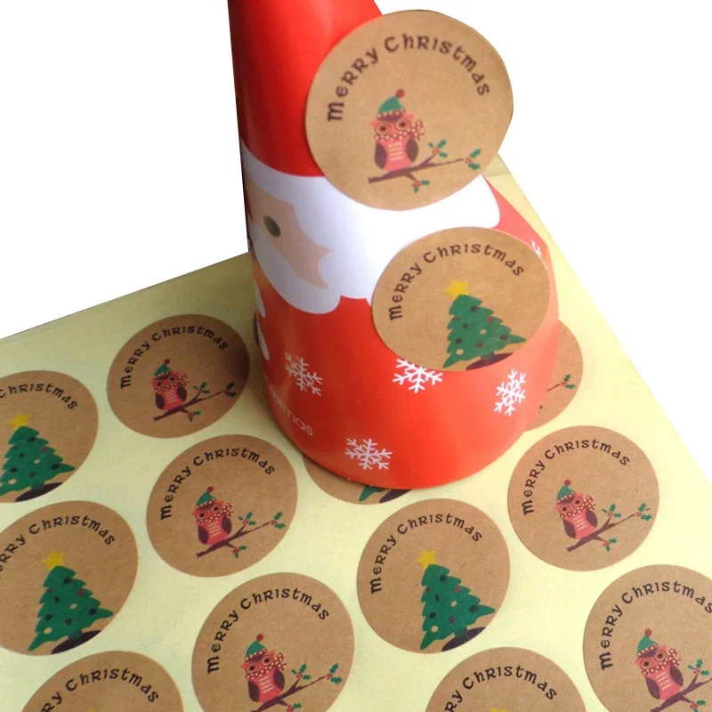 120Pcs/lot Stickers Scrapbooking Merry Christmas Tree&Owl Round Kraft Paper Seal Label Sticker Handmade Gift stationery