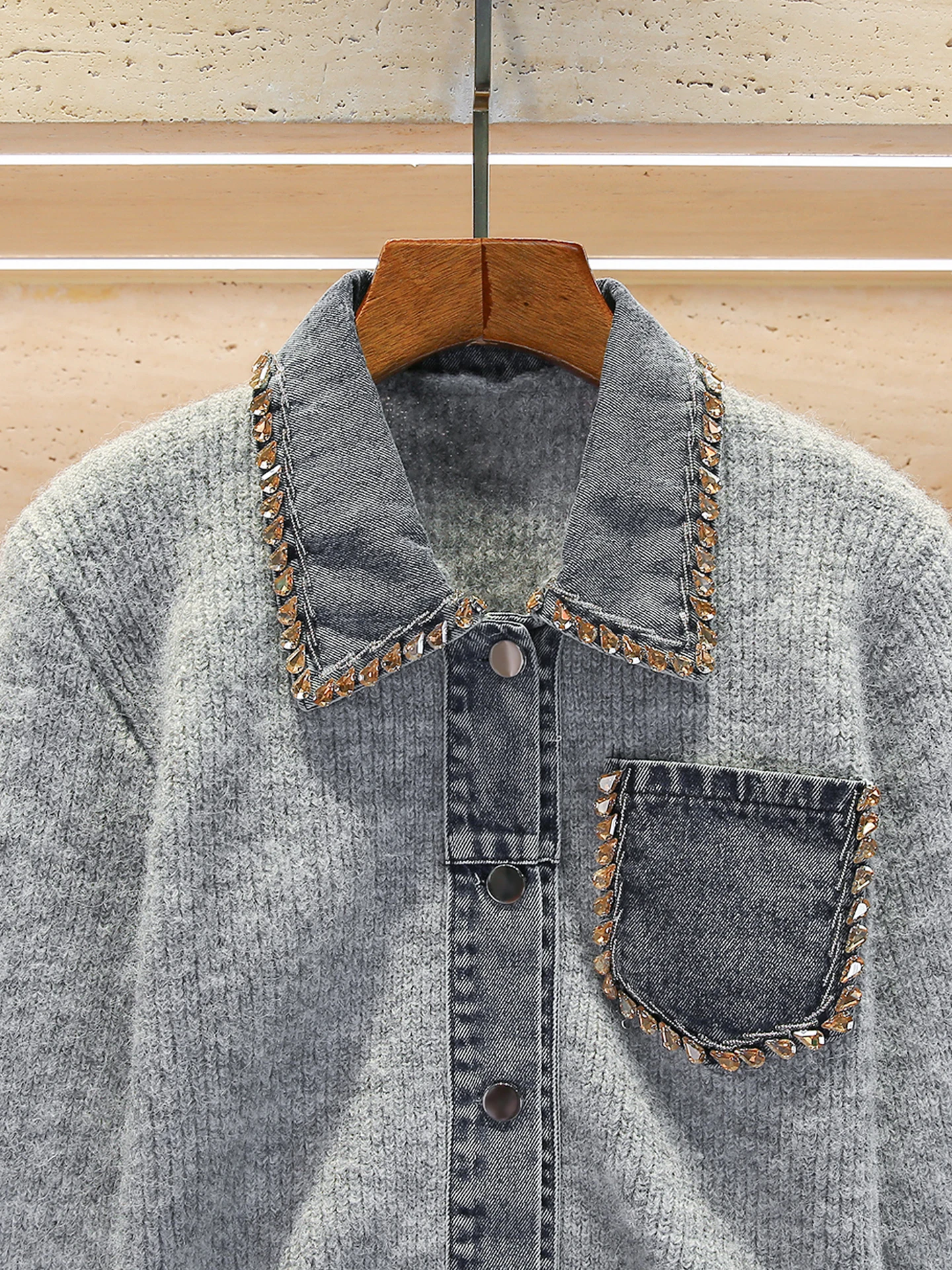 الراقية المرأة الدنيم سترة مشغولة من الصوف معطف مع حجر الراين طوق الخريف الشتاء Faion Ele تخفيف Sle المتوسطة Softn