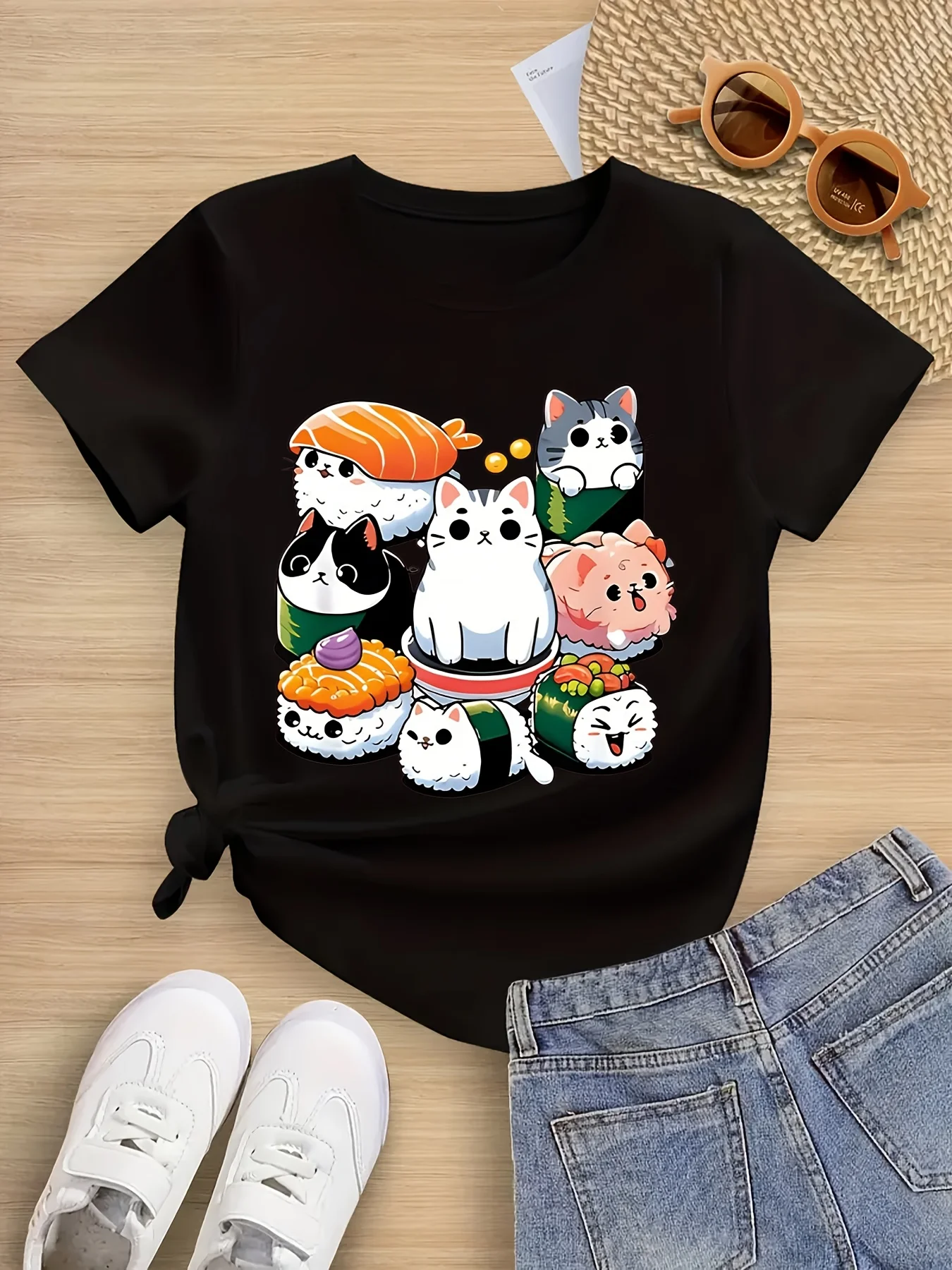 

Cute Sushi Print Round Neck Short-sleeved T-shirt Cute and Playful Style Suitable for Outings and Daily Wear Women Clothing