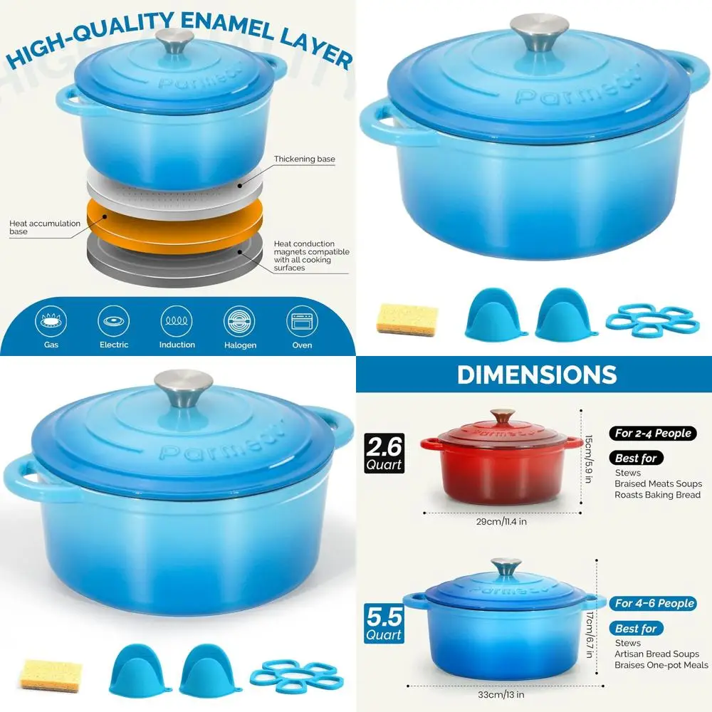

Ocean Blue 5.5 Qt Enamel Cast Iron Dutch Oven with Lid - Heavy-Duty, Oven-Safe Up to 500°F, Versatile for Baking, Stewing, Brais