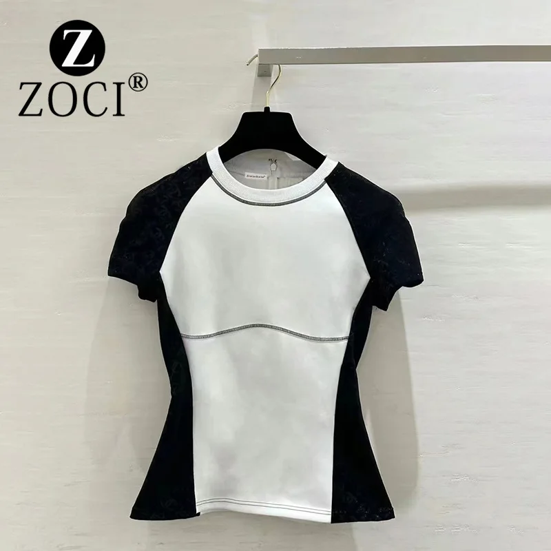 [ZOCI] Autumn New Slim Fit Fragrance Style Splicing Waistband Half Sleeve Versatile Short T-shirt Top