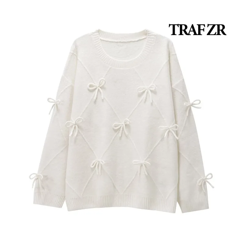 TRAF ZR Cozy Sweaters Y2k Vintage Top Women's Autumn Sweater Knit Long Sleeve Pullovers Prairie Chic Solid Bow Pullovers