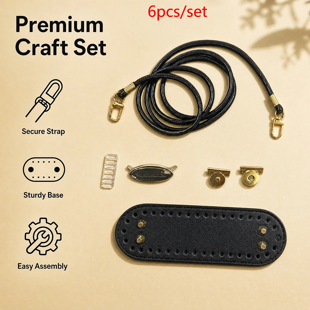 6Pcs/Set DIY Woven Bag Accessories Set, Pu Bag Strap with Metal Hook Buckle, Secure and Non-Slip for Crossbody Wear, Thickened Perforated Bag Bottom, Supports the Shape of the Bag and Prevents It from Collapsing Easily, DIY Handmade Woven Bags, Accessories for Modifying and Replacing Old Bags