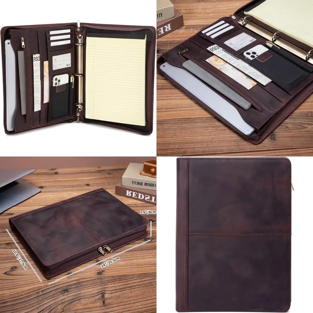

Professional A4 Leather Portfolio with 3-Ring Binder, Full Grain Padfolio, Laptop Sleeve and Zippered Pocket