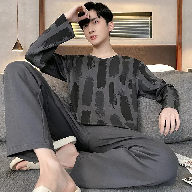 Men's Pajamas Long Sleeved Pajama Set Large Size Youth Warm Home Clothing, Can Be Worn Outside in Autumn and Winter