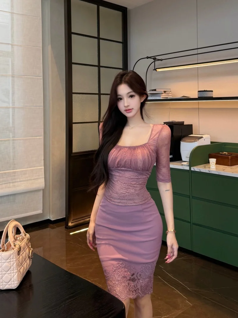 

Kumikumi Pure Desire Purple Lace Splice mid Sleeve T-Shirt Women's Summer Bodycon Skirt Half Skirt Two Piece Set