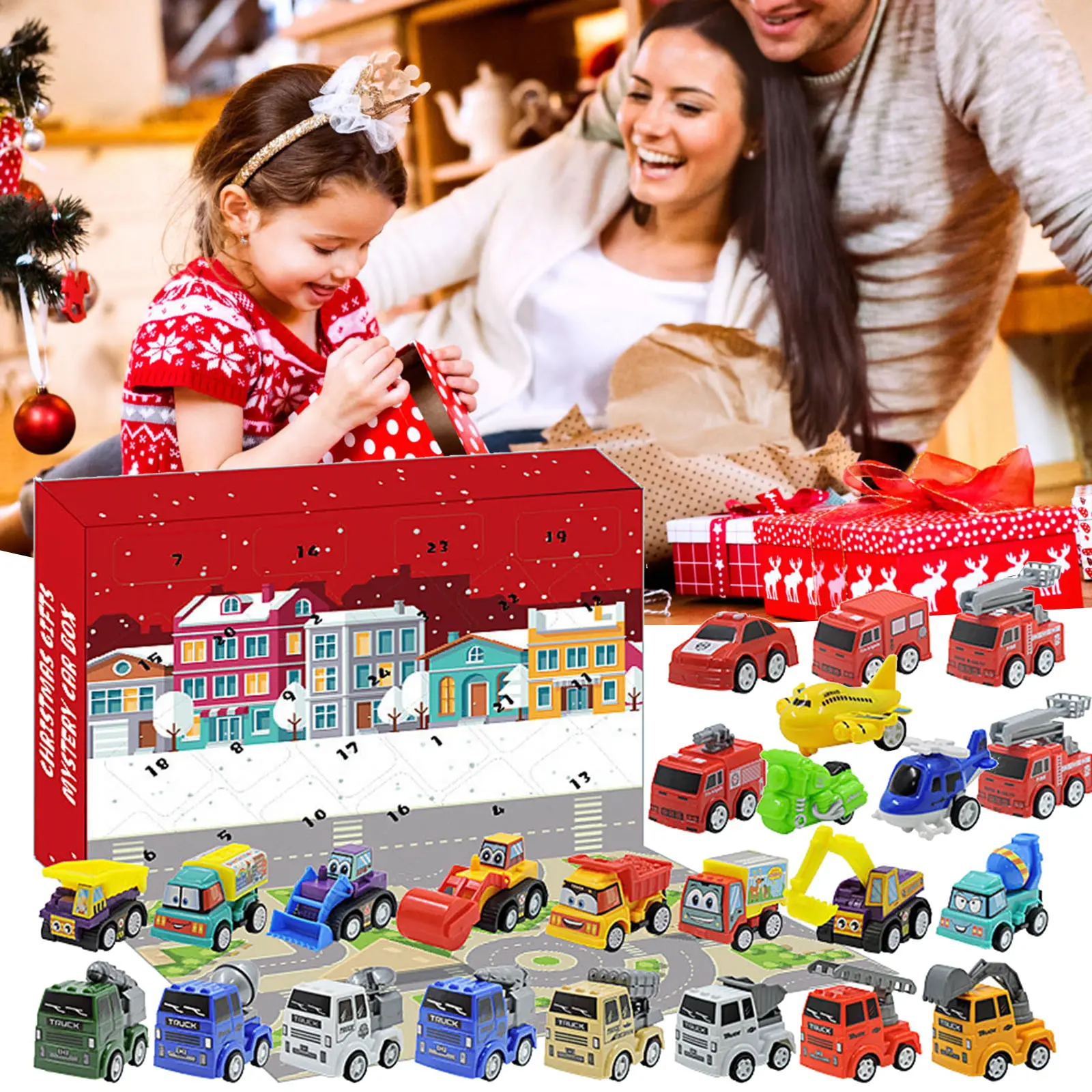 2025 Giocattoli di Natale per bambini Calendario per il conto alla rovescia di Natale Auto 24 giorni Conto alla rovescia in lega Camion dei pompieri Set Giocattoli popolari per bambini