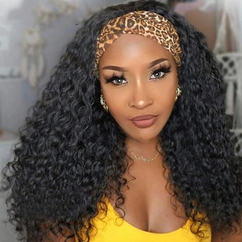 

Debut Indian Kinky Curly Human Hair Headband Wig For Black Women 180% Density Glueless Remy Jerry Curl Full Machine Made Hair