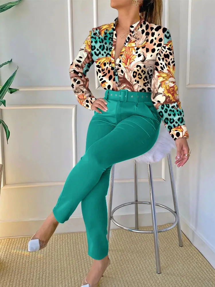 Spring New Printed Long Sleeved Shirt Suit Women\'s Slim Retro Stand Collar Pocket Small Foot Trousers Two Piece Set With Belt