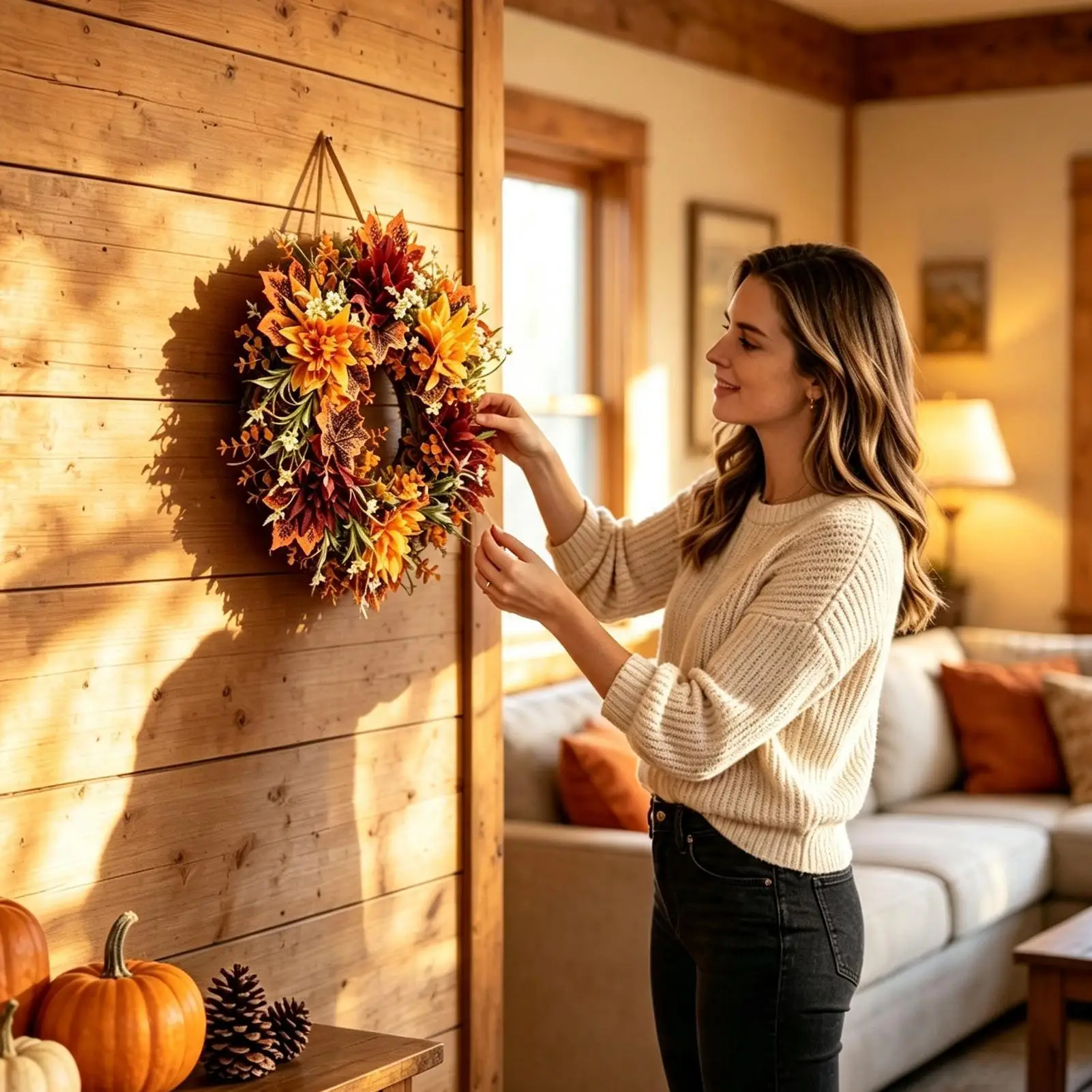 Fall Front Porch Wreath 35cm Artificial Leaves Thanksgiving Door Sign Faux Leaves Door Wreaths for Home Apartment Harvesting