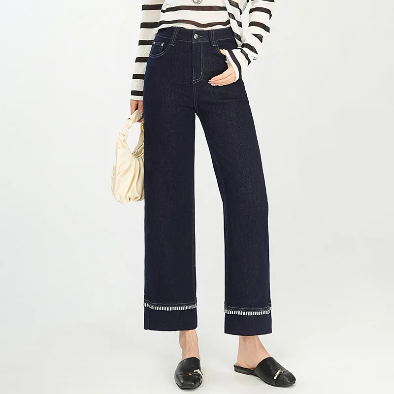 

Versatile Dark Blue Jeans for Women, Loose Casual High-Waisted Retro Pants for Petite Figures in Autumn