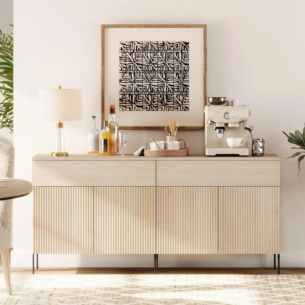 Large 63 Wide Sideboard Buffet Cabinet with Storage, 2-in-1 Buffet, 4 Doors, Wooden Table, Coffee & Wine Bar for Kitchen, Dining