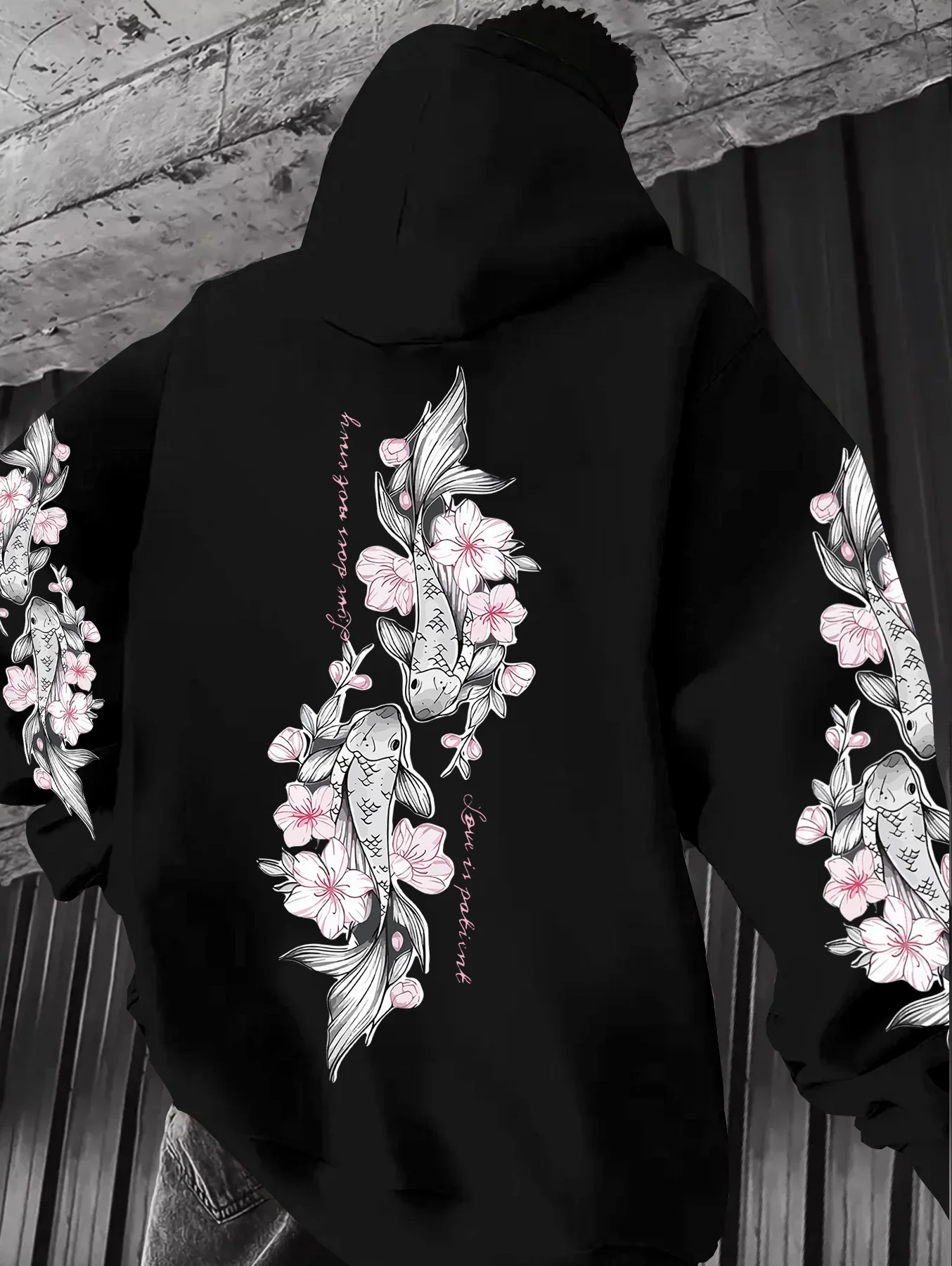 Vintage Japanese Koi Sakura Graphic Men Pullover Hoodie Back & Two‑Sleeve Print Hooded Sweatshirt Trendy Street Style Hoodies