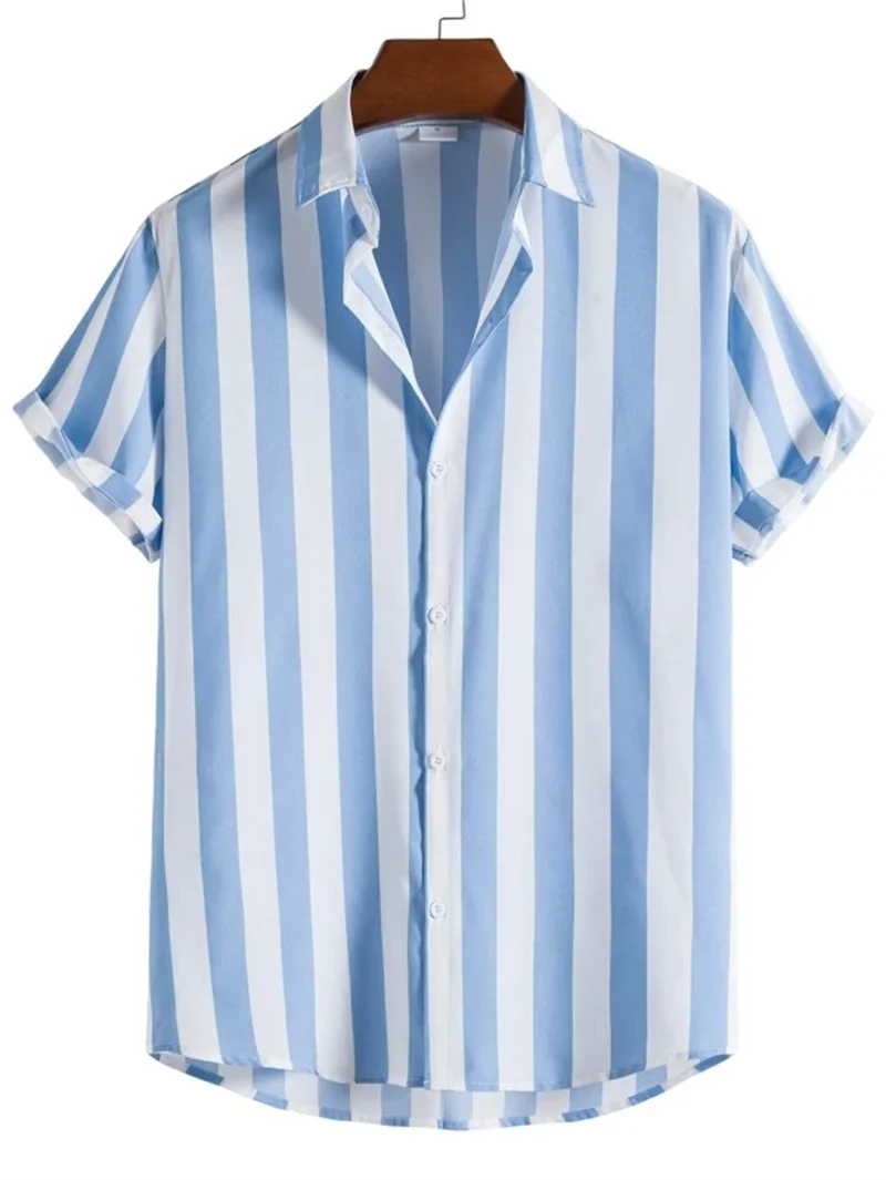 Camisa casual a rayas para hombre, traje de playa hawaiano con estampado minimalista, top de vacaciones, ropa de calle para hombre al aire libre de manga corta